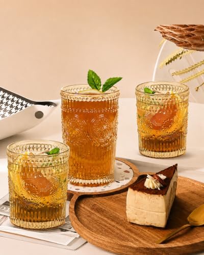 Vintage Drinking Glasses Set - 12 Pcs Textured Embossed Glassware 6