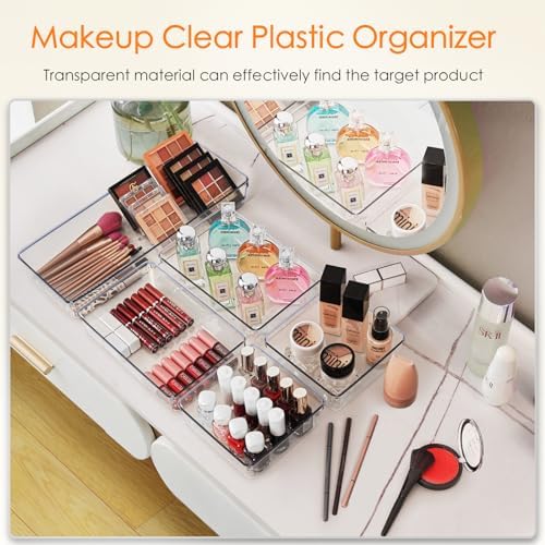 Criusia Drawer Organizer, 10 Pack Large Clear Plastic Set, 3 Size