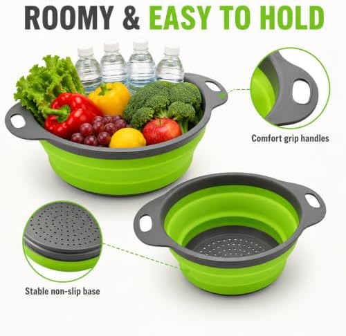 2-Piece Collapsible Colander Set, Large and Medium, Gray and Green