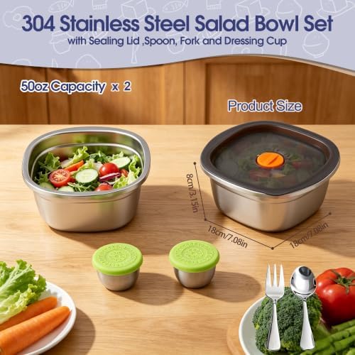 2 Pack Stainless Steel Salad Bowls To Go for Lunch & Meal Prep, 50oz