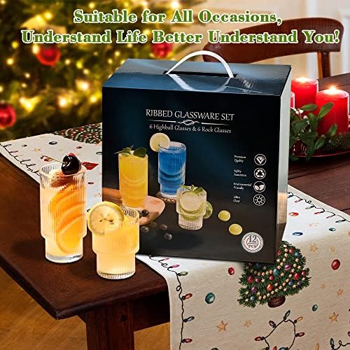 ISMASOAN Small Ribbed Glassware Set of 12, Glass Cups Fluted 12 oz &