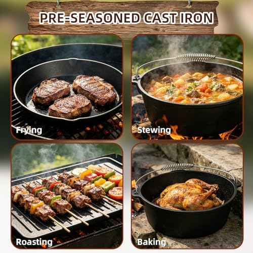 DVK 8 Piece Cast Iron Cookware Set with Vintage Wooden Storage Box