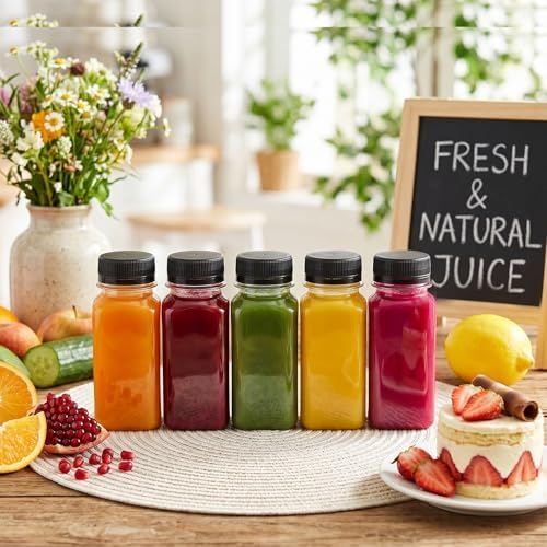 TOMNK 12 Pack 2 OZ Plastic Shot Juice Bottles with Caps, Sticker