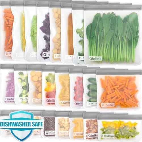 Qinline Reusable Food Storage Bags - 24 Pack Freezer Bag, Reusable