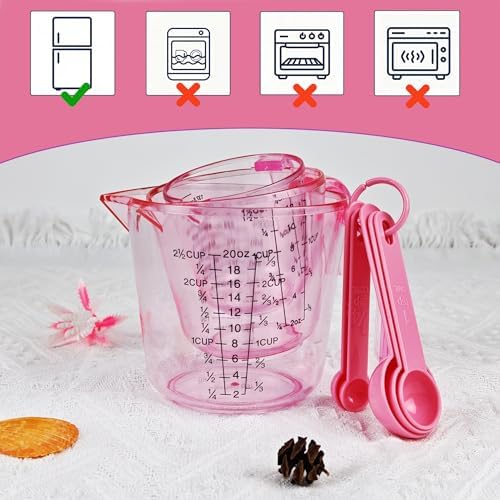Pink Plastic Measuring cup Measuring spoon Set: 3 Stackable Liquid