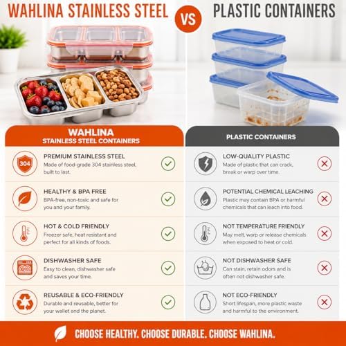 Stainless Steel Snack Containers with Lids, 3 Compartment Leakproof