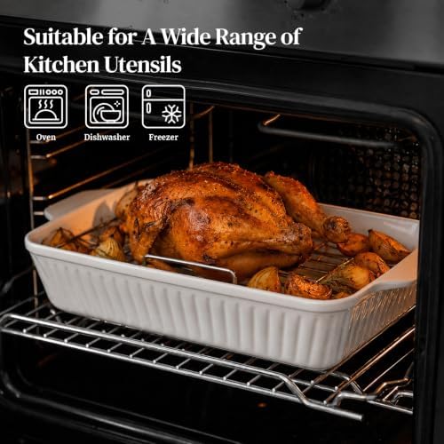 DOWAN 9x13'' Baking Dish with Handles Rack, Deep Ceramic Casserole Pan