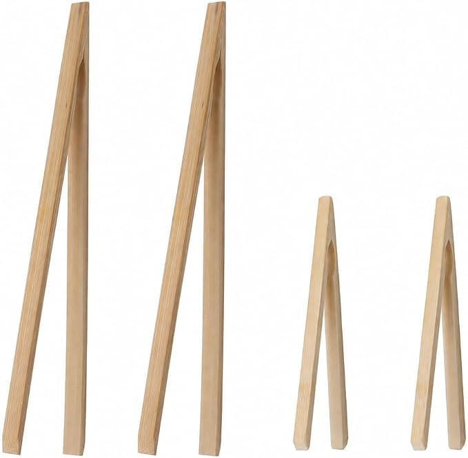HIC Kitchen Toast Tong Set, Natural Bamboo, 4-Piece Set, Includes 2 Each 6.5 by HIC