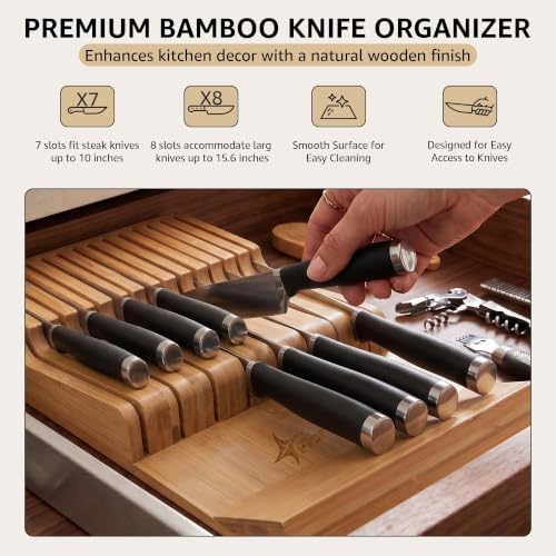 Flareware Bamboo Knife Drawer Organizer, 15-Slot