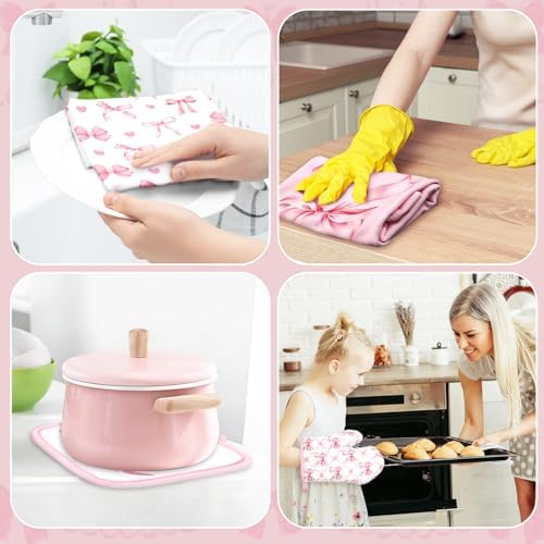 JarThenaAMCS 10Pcs Pink Bow Kitchen Dish Towels Rugs Oven Mitts and