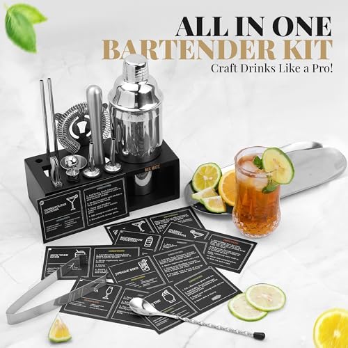 Mixology Bartender Kit with Stand - 15 Piece Bar Tool Set, Silver Bar