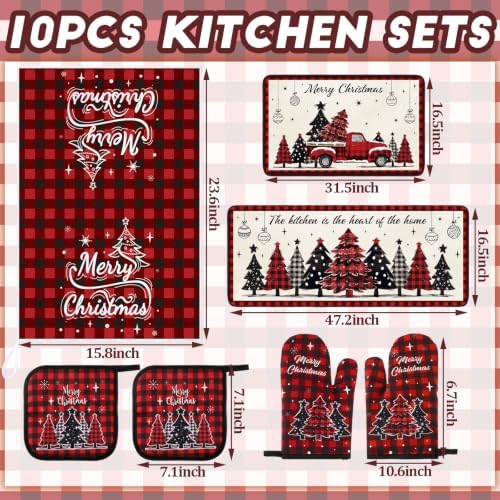 Fanfanwin 10 Pcs Christmas Kitchen Decor Set Kitchen Towels and Rugs