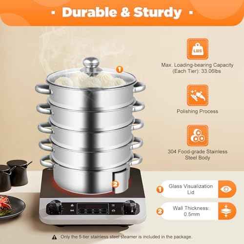 5-Tier Stainless Steel Steamer, Steamer Pot Meat Vegetable Cooking Steam Pot with Glass Lid Food-Grade Stainless Steel Food Cookware Pot for Dumplings and Vegetables Home Kitchen (Silver B 10inch)