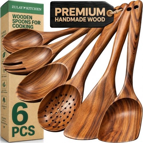 Zulay Kitchen 6-Piece Natural Teak Wooden Utensil Set