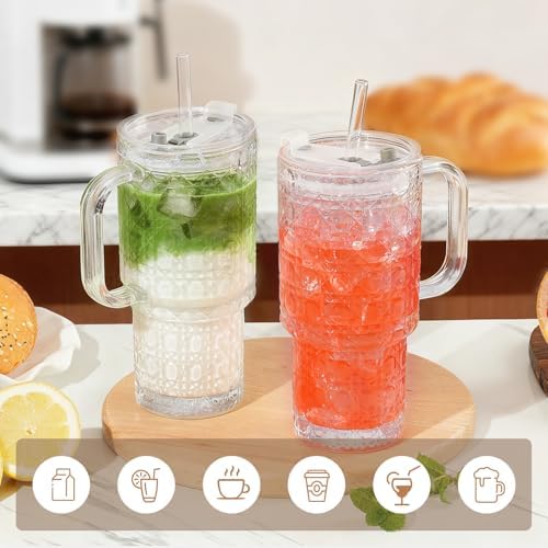 17oz Water Glass Tumbler with Handle & Lid Coasters, Reusable Iced