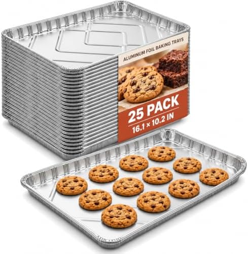 25 Pack Disposable Cookie Sheets, 16.1 x 10.2 Inch Aluminum Baking