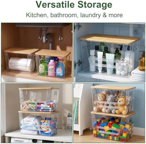 FUSHITON 2 Set Pantry Organizers, Clear Trash Bag Holder with Bamboo