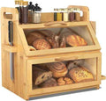 BAMBANG Bread Box for Kitchen Countertop, Extra Large Double Layer Bamboo Breadbox with Clear Window, Farmhouse Wooden Bread Storage Container for Homemade Bread, Knife & Cutting Board Holder, Natural