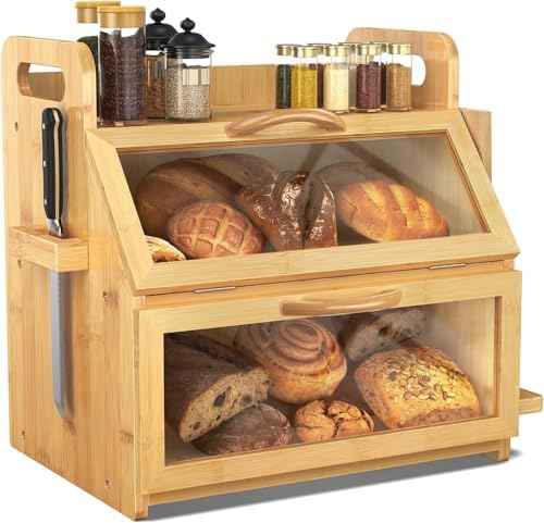 BAMBANG Bread Box for Kitchen Countertop, Extra Large Double Layer Bamboo Breadbox with Clear Window, Farmhouse Wooden Bread Storage Container for Homemade Bread, Knife & Cutting Board Holder, Natural