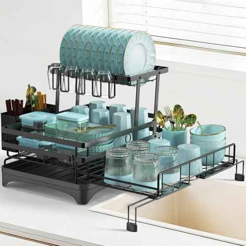 AULEEP 2-Tier Foldable Dish Drying Rack for Kitchen Counter Over the Sink