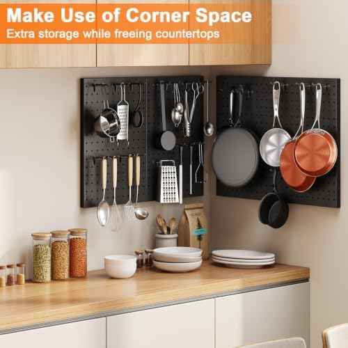 Hencawima Wall Mounted Peg board, 4 Pack Pot and Pan Organizer with 20 Hooks, Modular Kitchen Storage for Pots, Pans, Lids and Utensils, Easy Assembly