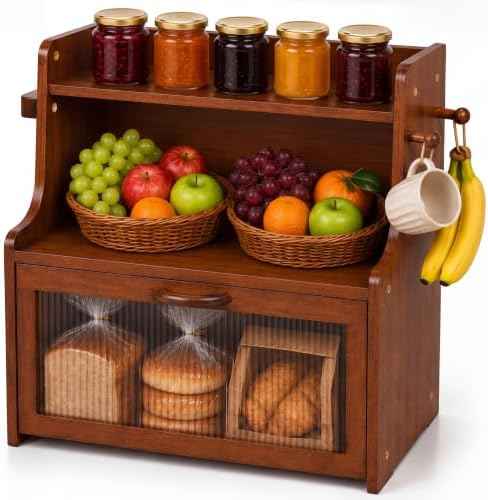 Brown Bread Box for Kitchen Countertop, Wooden Bread Storage Container with Shelf, Coffee Bar Organizer and Bread Keeper for Bread, Bagels and Pantry