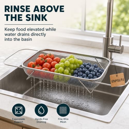 Stainless Steel Expandable Over-The-Sink Colander Basket Mesh Strainer
