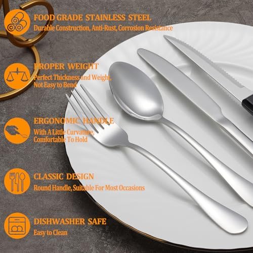 24 Pcs Silverware Set with Steak Knives for 4, Stainless Steel
