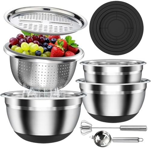 Stainless Steel Mixing Bowls Set with Lids & Silicone Base,7‐Piece Set