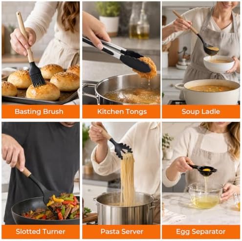 39-Piece Silicone Kitchen Utensils Set, Wood Handle