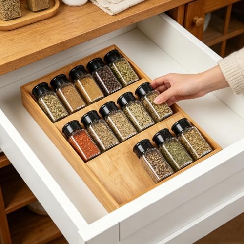 Spice Drawer Organizer for Cabinet, 3 Tier Bamboo Spice Rack Tray for