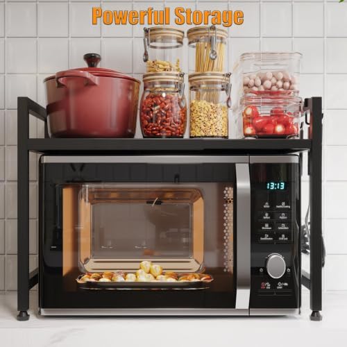 Extendable Microwave Oven Stand, 2-Tier Organizer with 6 Hooks