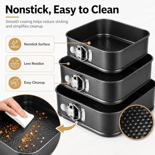 Square Springform Pan Set of 3, Nonstick 8/9/10 Inch