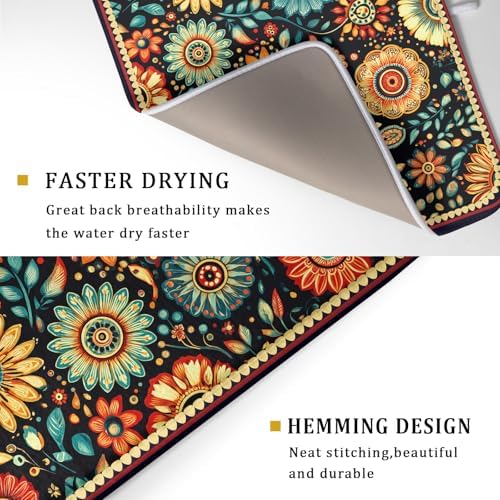 Boho Floral Dish Drying Mat for Kitchen Counter Absorbent Microfiber