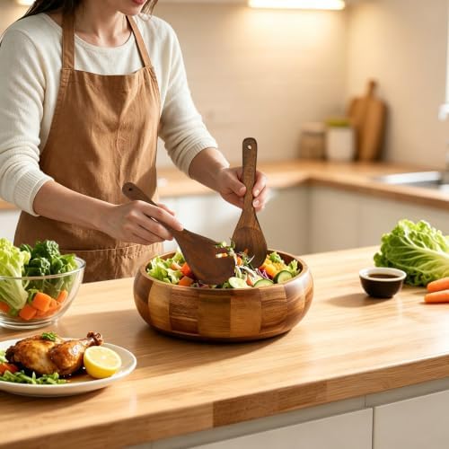 VaeFae Acacia Wood Bowl, Wooden Salad Bowl Set, Natural Grain Finish