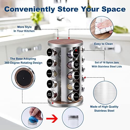 WAYDA Revolving Spice Rack, 20 Jars Rotating Countertop Seasoning
