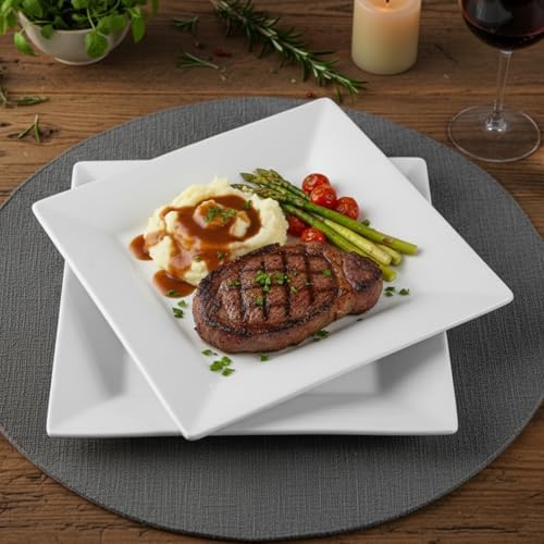 10'' Porcelain Dinner Plates Set, White, Square Appetizer Plates