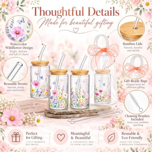 Mumufy 6 Sets Wildflower Cute Glass Cups with Lids and Straws Bulk
