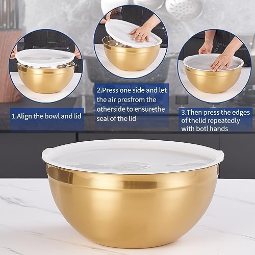 Gold Mixing Bowls with Airtight Lids, Stainless Steel Nesting Mixing
