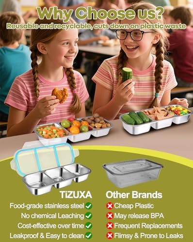 2 Pack Stainless Steel Snack Containers, 3-Compartment Bento Boxes for