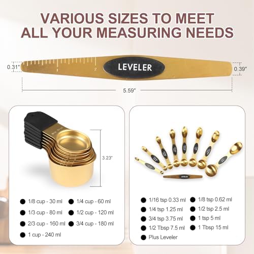 16-Piece Magnetic Measuring Cups and Spoons Set, Stainless Steel, Gold