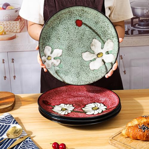 Ceramic Dinner Plates Set of 4, 11 Inch Underglaze Painting Large