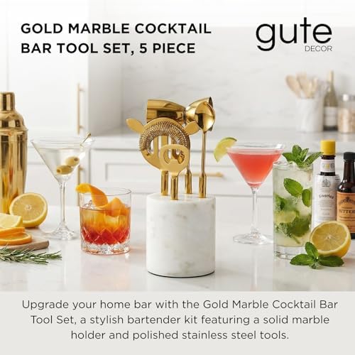 5-Piece Gold & Marble Bartender Kit with Stand, Stainless Steel Bar