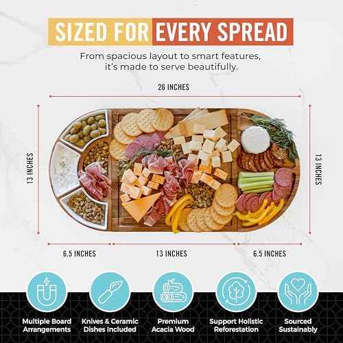 Elite Snacker Large Charcuterie Board Set, Acacia Wood, Natural Oil Finish