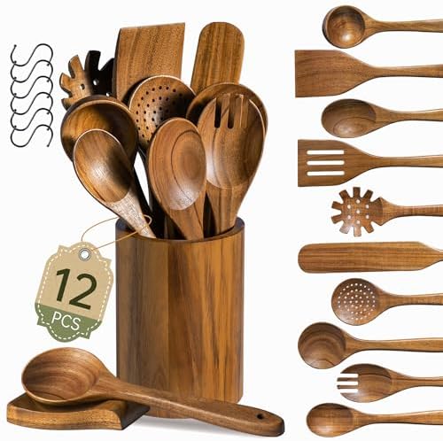 12 PCS Natural Acacia Wooden Utensil Set Wooden Spoons for Cooking