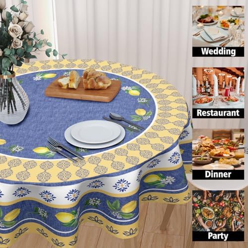 Lemon Round Tablecloth 60 Inch Blue Yellow French Country Style Fruit