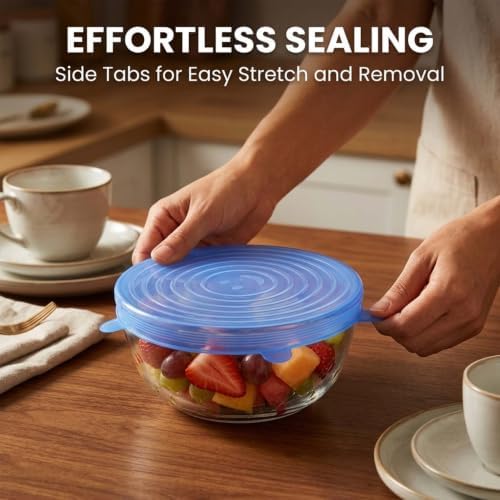 Silicone Stretch Lids, 6 Pack, Reusable Food Covers, Blue