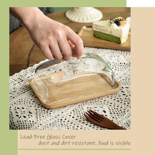 Glass Butter Dish with Lid, 1PC Wooden Wide Butter Holder for
