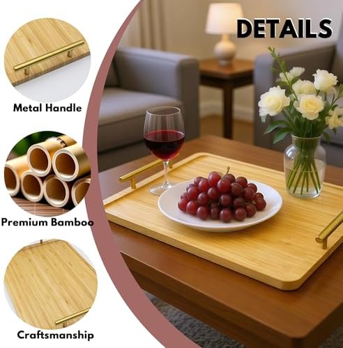 2 Pack Bamboo Serving Tray with Metal Handles, 15.8×11.4“ Solid Wooden