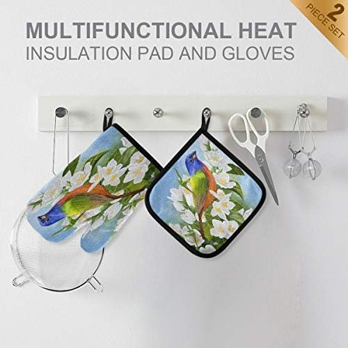 QMXO Large Bright Bird Flower Oven Mitts Quilted Cotton Lining